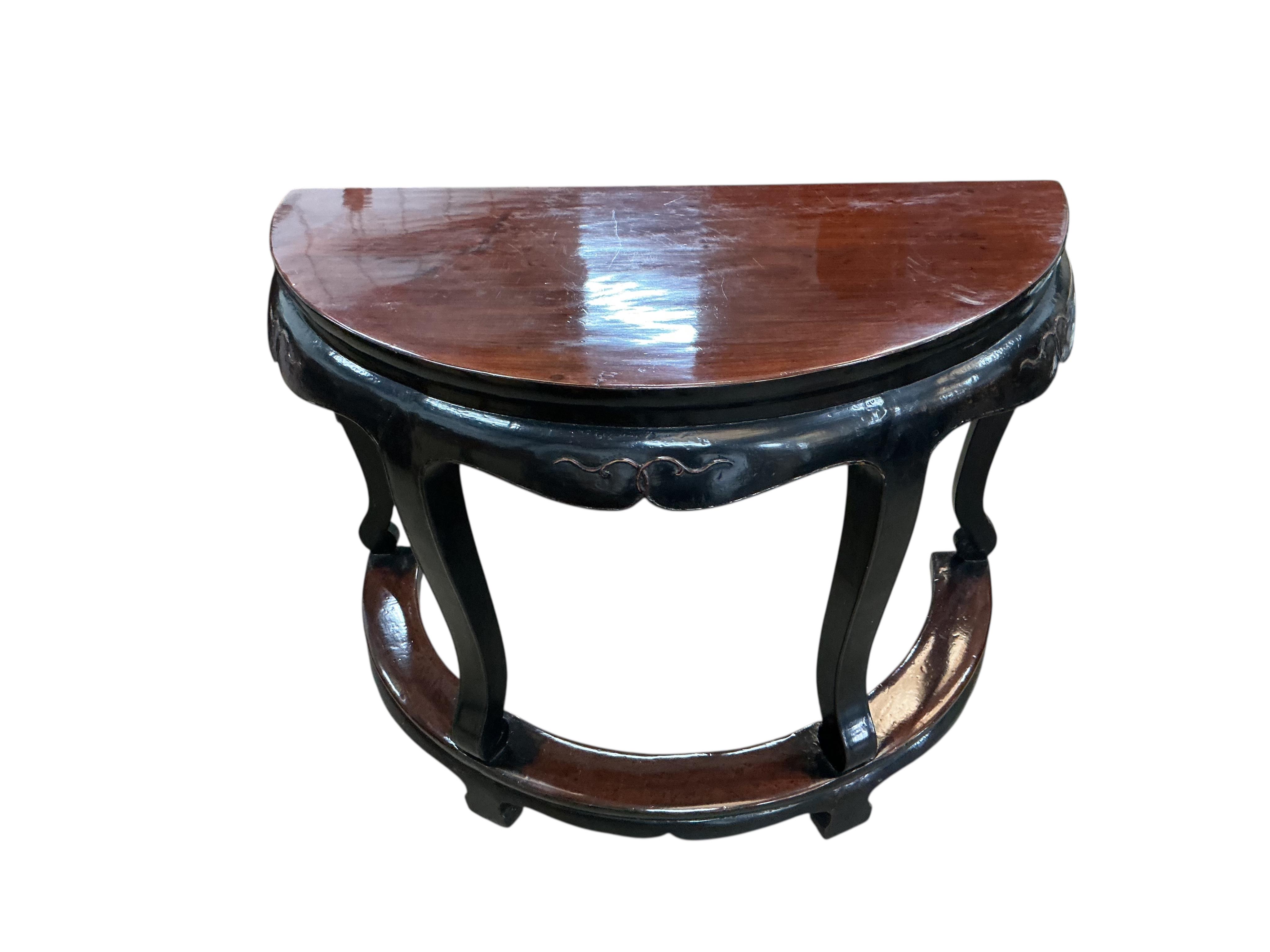 A pair of Chinese demi lune side tables, width 109cm, depth 56cm, height 84cm